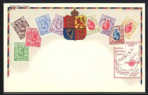 AK Orange River Colonie, Afrika, Briefmarken mit Wappen und Landkarte