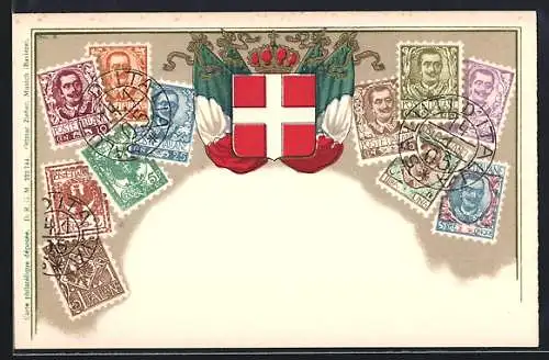 AK Briefmarken aus Italien mit Wappen, Flaggen und Krone