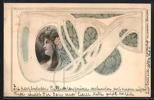 Künstler-AK M.Munk: Eine junge Frau mit Blumen im Haar, Ornament