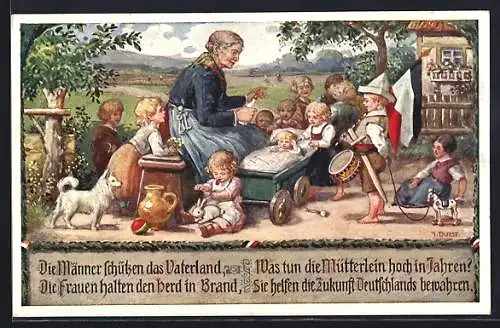 AK Die Männer schützen das Vaterland..., Ältere Frau und Kinder mit Spielzeug