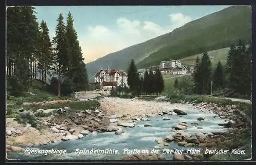 AK Spindelmühle-Spindleruv Mlyn, Partie an der Elbe mit Hotel Deutscher Kaiser