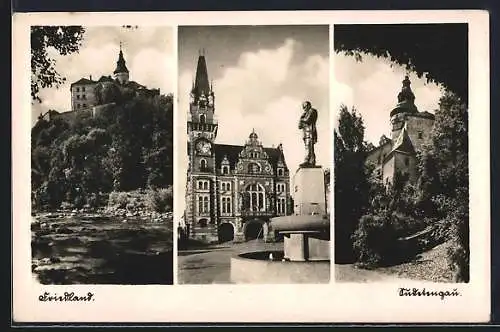 AK Friedland /Sudetengau, Schloss, Rathaus mit Brunnen, Uferpartie