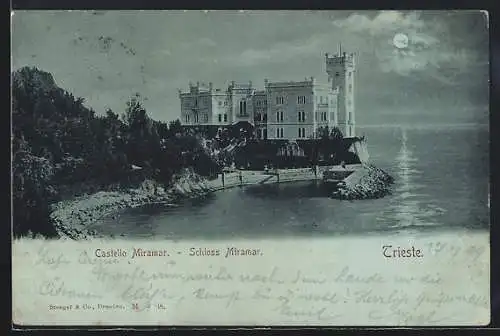 Mondschein-AK Trieste, Schloss Miramar