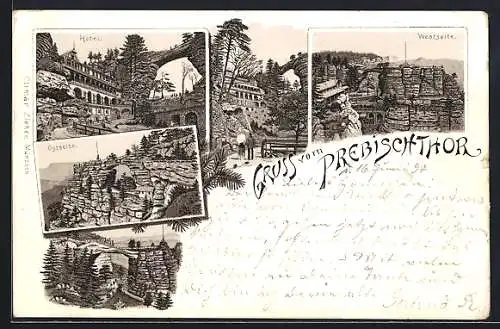 Lithographie Böhm. Schweiz / PrebischThor, Hotel, Westseite, Ostseite