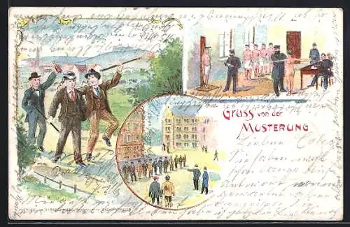 Lithographie Gruss von der Musterung, Feiernde auf einer Landstrasse, Männer auf dem Hof