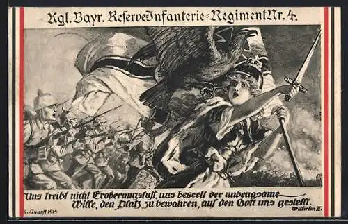 AK Kgl. Bayr. Infanterie-Reg. 4, Sturm mit Germania, Zitat Wilhelm II.