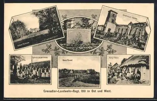 AK Grenadier-Landwehr-Reg. 100 in Ost und West, Schloss Türkheim, Gondrexon-Kirche, Panje-Haus, Nowo-Szwiet