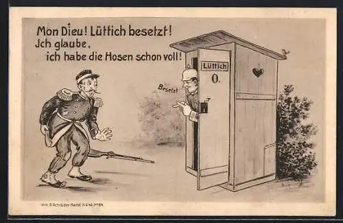 Künstler-AK Mon Dieu! Lüttich besetzt!, Belgier kommt nicht aus Klo