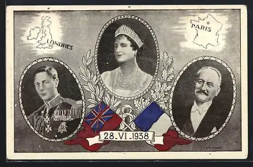 AK Portraits von Georges VI. von England, englische und französische Fahne