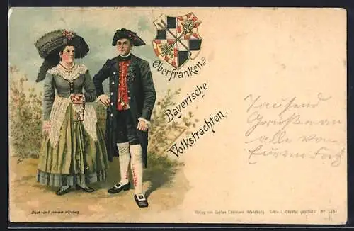 Künstler-AK Bayerische Volkstrachten, Oberfranken, Wappen