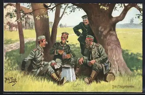 Künstler-AK Arthur Thiele: Die Fliegerbombe, Soldaten spielen Karten unter einem Baum, Vogel hat Soldat auf die Nase ge.