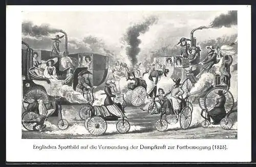 AK Englisches Spottbild auf die Verwendung der Dampfkraft zur Fortbewegung, Fahrzeuge mit Dampfmaschine