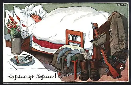 Künstler-AK P. O. Engelhard (P.O.E.): Daheim ist Daheim!, schlafender Soldat im Bett