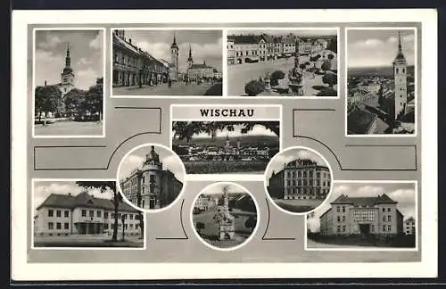 AK Vyskov, Einzelansichten mit Denkmal, Rathaus & Kirche