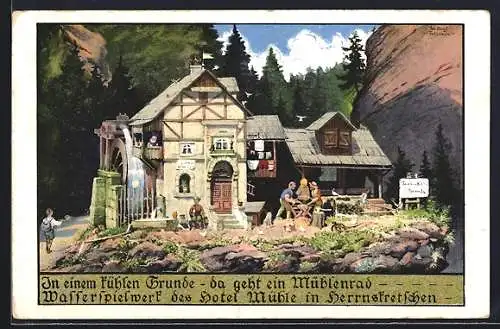 AK Herrnskretschen, Gebäudeansicht mit Mühlenrad
