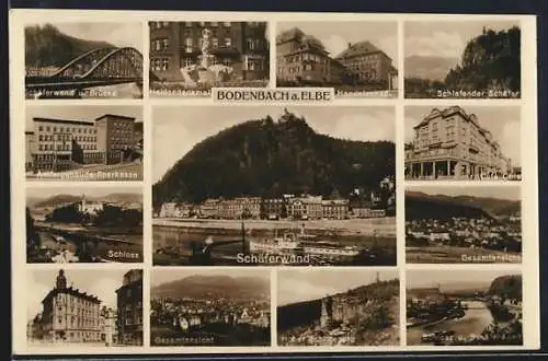 AK Bodenbach a. Elbe, Cafe Corso, Ämtergebäude-Sparkasse, Schäferwand und Brücke