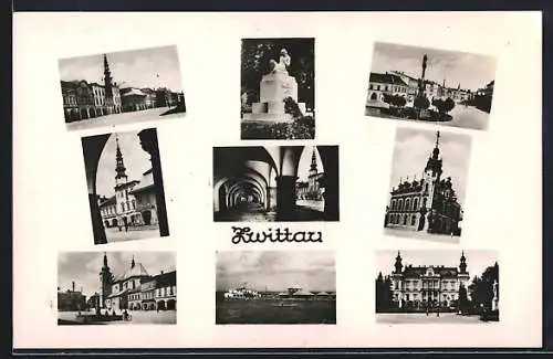 AK Zwittau, Rathaus, Blick zur Kirche, Marktplatz, Kriegerdenkmal