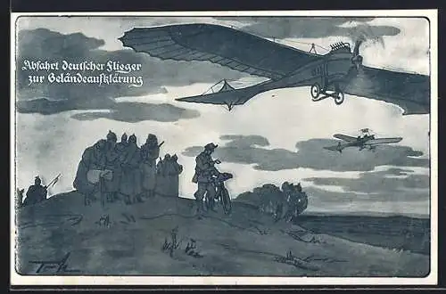 Künstler-AK Abflug Deutscher Flieger zur Geländeaufklärung, Flugzeug Deutsche Taube im Überflug, Soldat mit Fahrrad