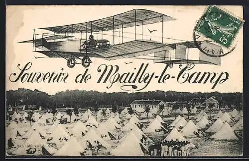 AK Mailly-le-Camp, Flugzeug in der Luft über Zelten