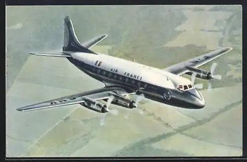 AK Flugzeug, der Fluglinie Air France, Vickers Viscount, Viermotorige Maschine im Flug