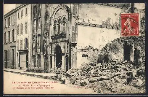 AK Luneville, La Synagogue et Maisons de la Rue Castara incendiées