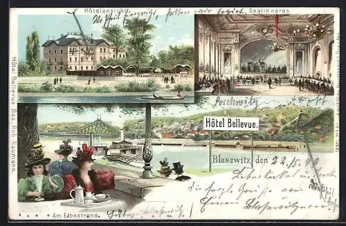 Lithographie Dresden-Blasewitz, Hôtel Bellevue mit Terrasse, Saalinneres, Hôtelansicht