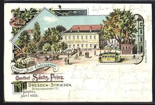 Lithographie Dresden-Striesen, Gasthof Sächs. Prinz, Schandauerstrasse 11, Strassenbahn