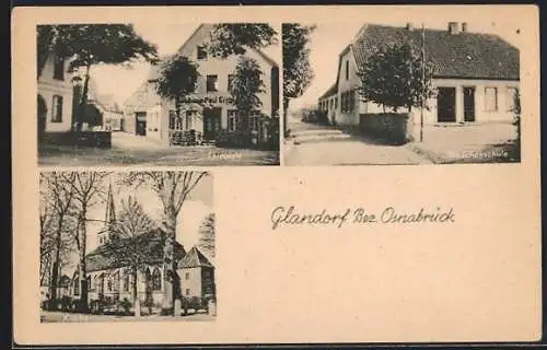 AK Glandorf, Thieplatz mit Gasthof, Mädchenschule mit Strasse, Kirche