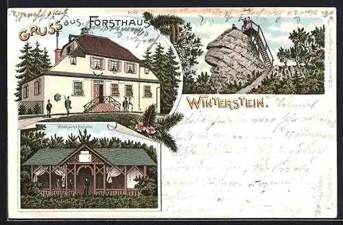 Lithographie Ober-Mörlen, Gasthaus Forsthaus, Wirtschaftshalle und Winterstein
