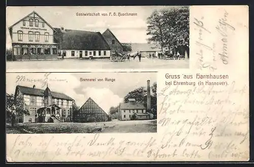 AK Harmhausen bei Ehrenburg, Gasthaus von F H. Buschmann, Brennerei von Runge