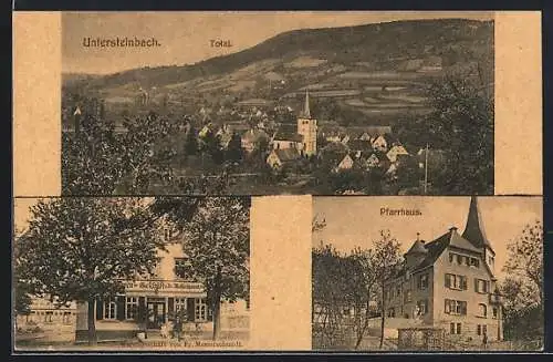 AK Untersteinbach / Öhringen, Warengeschäft von Fr. Messerschmidt, Pfarrhaus, Ortsansicht mit Berg