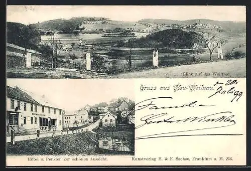 AK Neu-Weilnau, Hotel und Pension zur schönen Aussicht, Blick auf das Weiltal