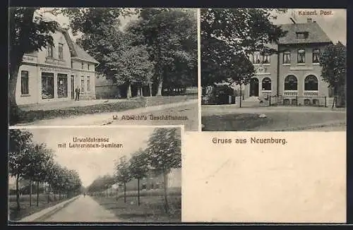 AK Neuenburg / Oldenburg, W. Albrechts Geschäftshaus, Urwaldstrasse mit Lehrerinnen-Seminar, Kaiserl. Post