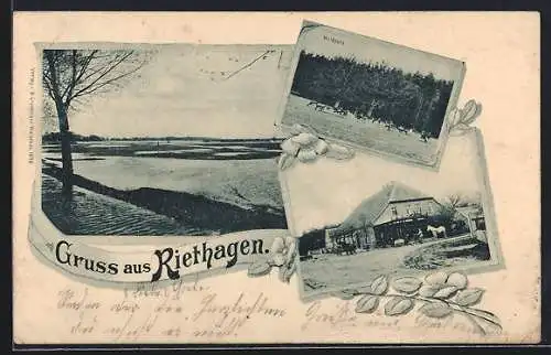 Lithographie Riethagen, Wildpark, überschwemmte Wiesen, Hausansicht