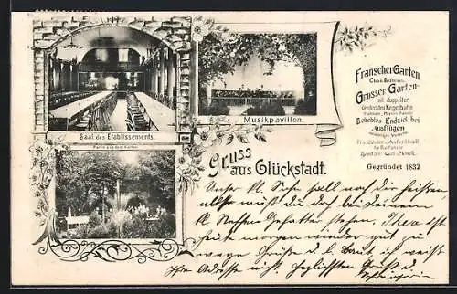 AK Glückstadt, Gasthaus Franscher Garten, Bes. Carl Minck, Musikpavillon, Partie aus dem Garten