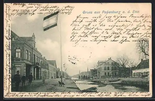 AK Papenburg a. d. Ems, Kleidungs-Geschäft J. A. Beckmann mit Flusspartie und Brücke