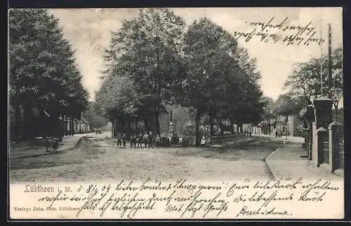 AK Lübtheen i. M., Strassenpartie mit Blick auf ein Denkmal