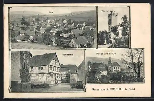 AK Albrechts b. Suhl, Dorfstrasse, Bismarckturm und Ortsansicht
