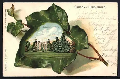Passepartout-Lithographie Ahrensburg / Holstein, Eichenblatt mit Ansicht von Schloss Ahrensburg
