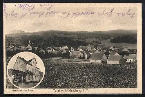AK Wildsachsen i. T., Gasthaus zur Rose und Blick über den Ort