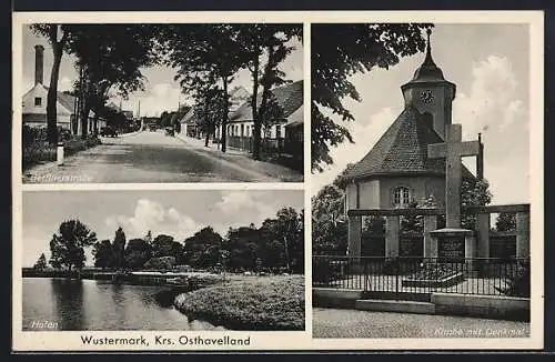 AK Wustermark /Osthavelland, Kirche mit Denkmal und Berlinerstrasse