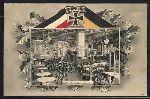AK Hamburg-Altona, Innenansicht Kaffee Kronprinz, Reichsfahne, Eisernes Kreuz, Eichenlaub, Österr. Fahne