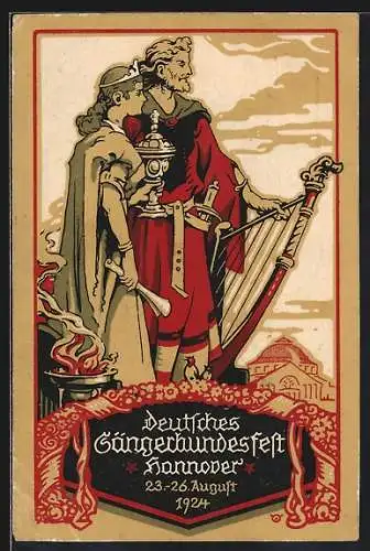 Künstler-AK Hannover, Deutsches Sängerfest 1924, Harfe und Pokal