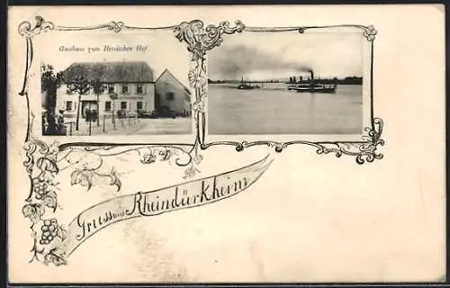 AK Rheindürkheim, Gasthaus zum Hessischen Hof und Dampfer im Blumen-Passepartout