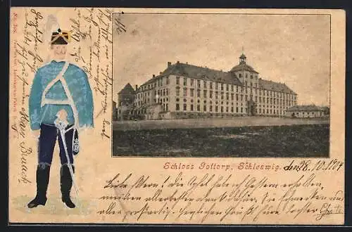 AK Schleswig, Schloss Gottorp, Passepartout mit uniformiertem Soldat