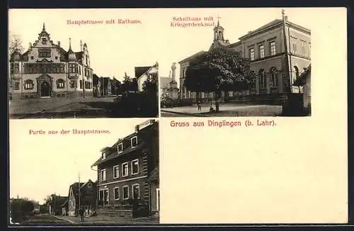 AK Dinglingen b. Lahr, Hauptstrasse mit Rathaus, Schulhaus mit Kriegerdenkmal