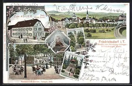 Lithographie Friedrichsdorf / Taunus, Gasthaus Zum Adler von Hugo Dutzi, Teilansicht, Schnepfenburg