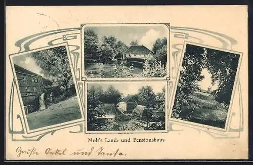 AK Strenglin /Bad Segeberg, Molt`s Land- und Pensionshaus mit Wassermühle und Windmühle