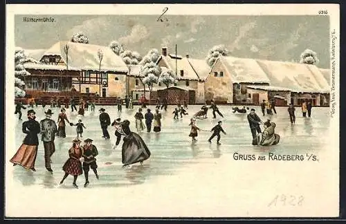 Lithographie Radeberg i. S., Gasthaus Hüttermühle mit Schlittschuhfahrern