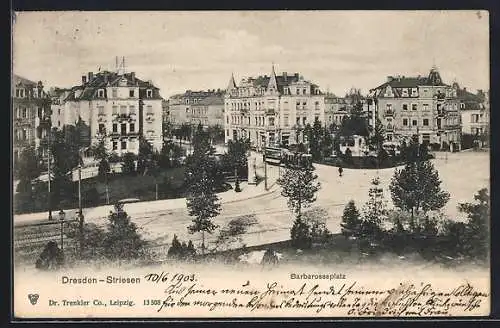 AK Dresden-Striesen, Strassenbahn am Barbarossaplatz